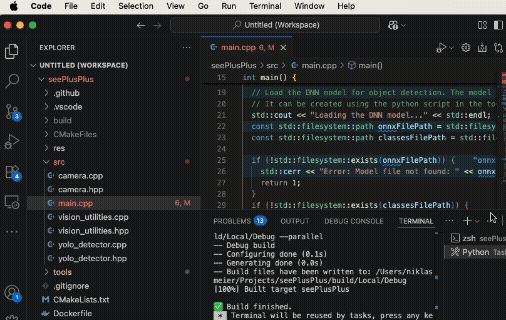 Gif showing how to use VS Tasks to build the project.